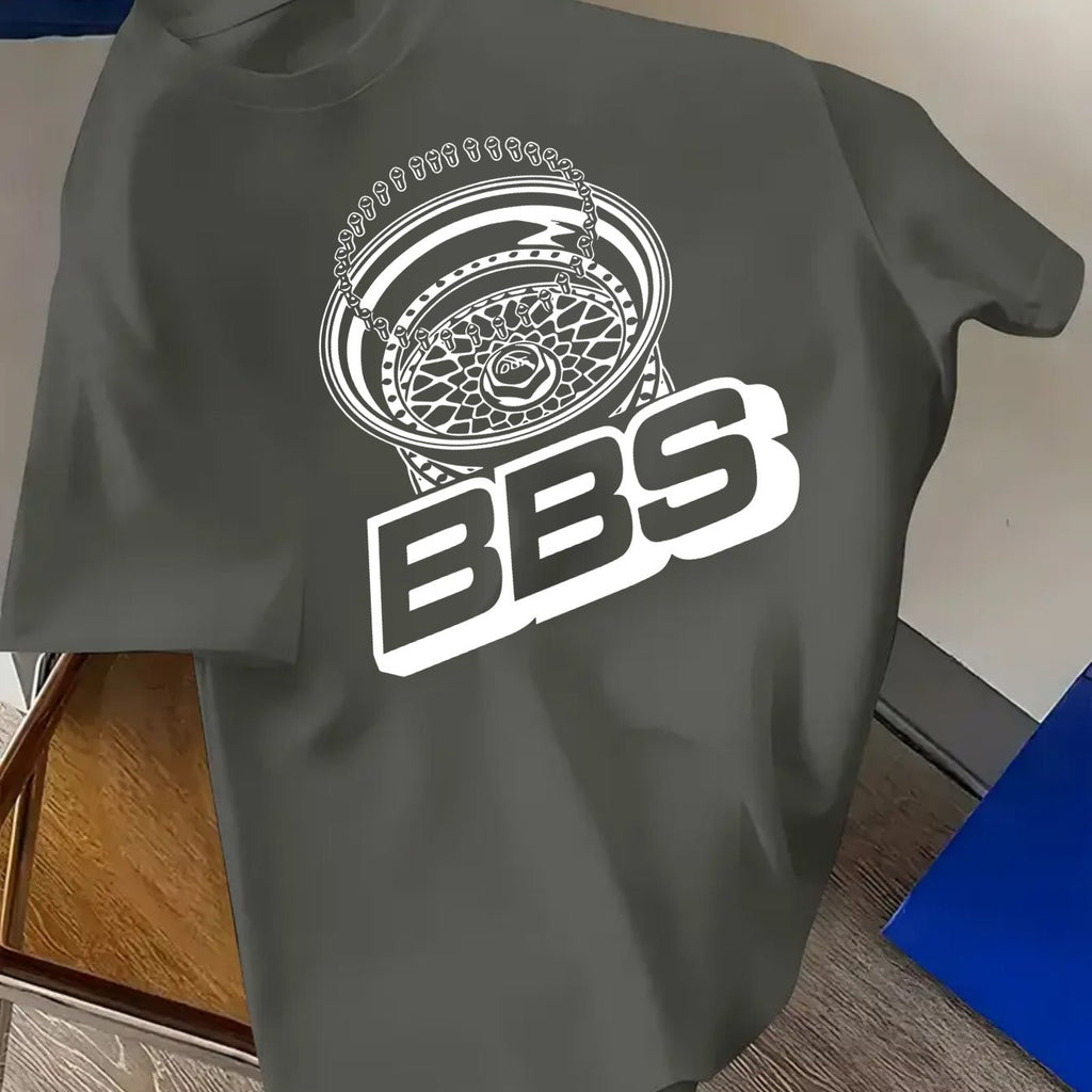 Men's Turquoise Blue BBS Graphic T-Shirt with White Lettering & Car Wheel Design - Breathable 4-Season Casual Round Neck Short Sleeve, Comfort Fit for Automotive Enthusiasts, Casual Attire & Car Shows - Machine Washable BBS B