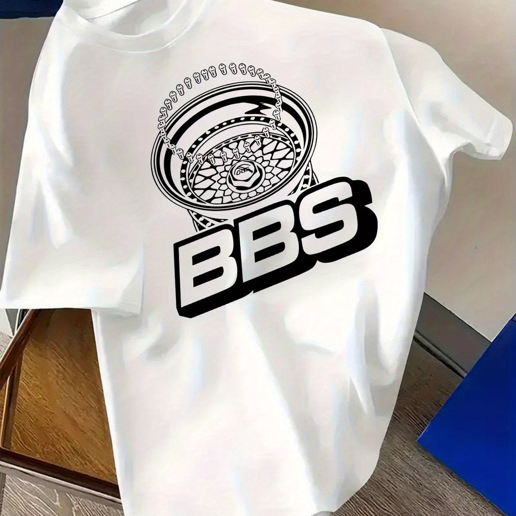 Men's Turquoise Blue BBS Graphic T-Shirt with White Lettering & Car Wheel Design - Breathable 4-Season Casual Round Neck Short Sleeve, Comfort Fit for Automotive Enthusiasts, Casual Attire & Car Shows - Machine Washable BBS B