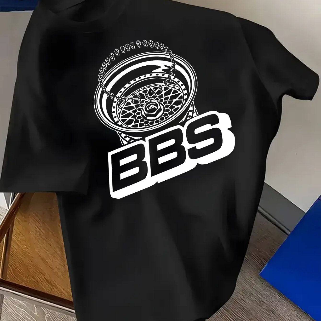 Men's Turquoise Blue BBS Graphic T-Shirt with White Lettering & Car Wheel Design - Breathable 4-Season Casual Round Neck Short Sleeve, Comfort Fit for Automotive Enthusiasts, Casual Attire & Car Shows - Machine Washable BBS B