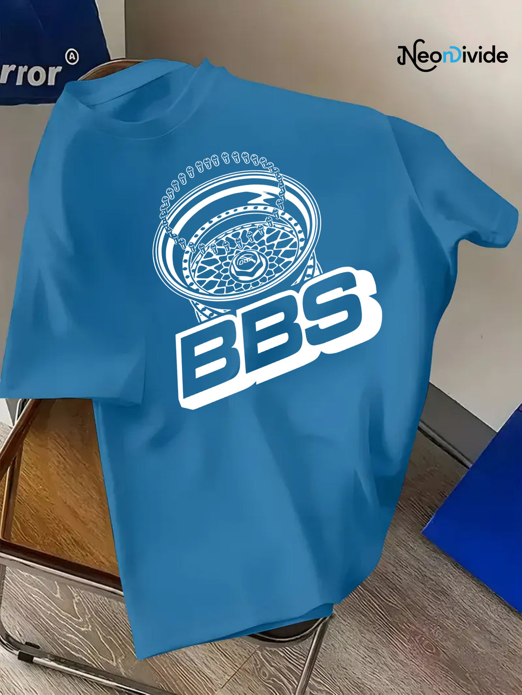 Men's Turquoise Blue BBS Graphic T-Shirt with White Lettering & Car Wheel Design - Breathable 4-Season Casual Round Neck Short Sleeve, Comfort Fit for Automotive Enthusiasts, Casual Attire & Car Shows - Machine Washable BBS B