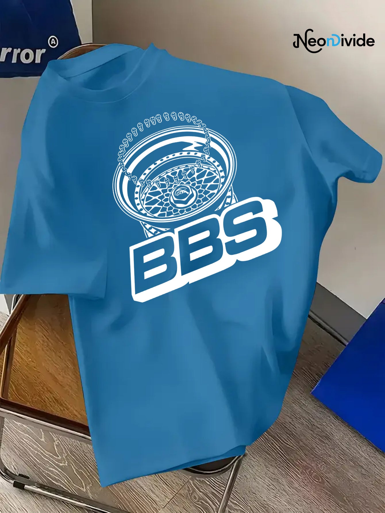 Men's Turquoise Blue BBS Graphic T-Shirt with White Lettering & Car Wheel Design - Breathable 4-Season Casual Round Neck Short Sleeve, Comfort Fit for Automotive Enthusiasts, Casual Attire & Car Shows - Machine Washable BBS B
