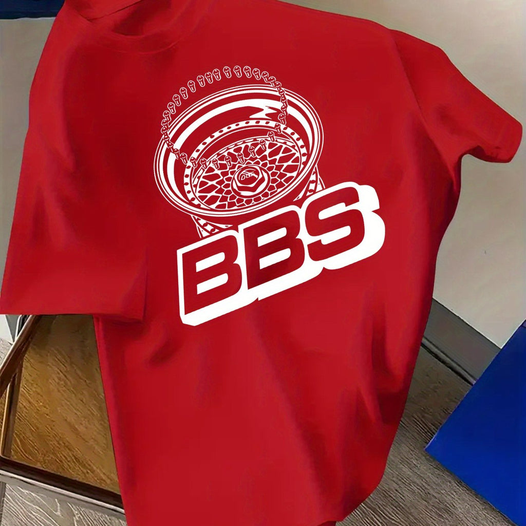 Men's Turquoise Blue BBS Graphic T-Shirt with White Lettering & Car Wheel Design - Breathable 4-Season Casual Round Neck Short Sleeve, Comfort Fit for Automotive Enthusiasts, Casual Attire & Car Shows - Machine Washable BBS B