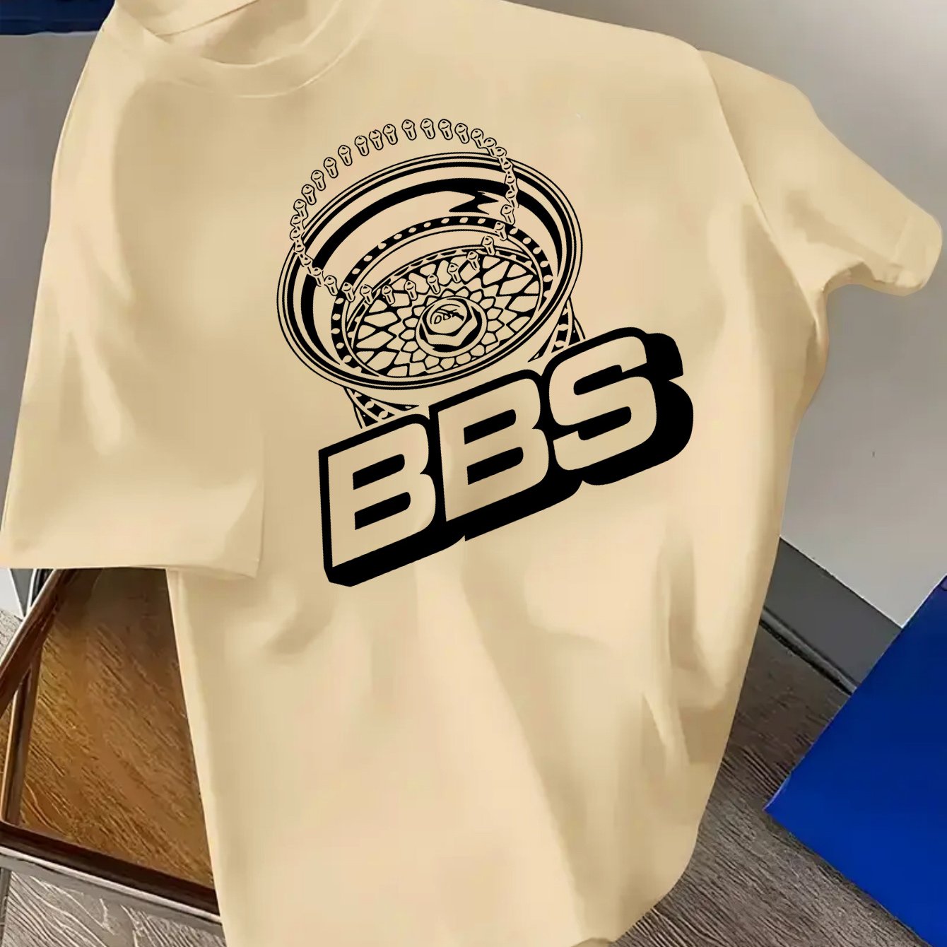 Men's Turquoise Blue BBS Graphic T-Shirt with White Lettering & Car Wheel Design - Breathable 4-Season Casual Round Neck Short Sleeve, Comfort Fit for Automotive Enthusiasts, Casual Attire & Car Shows - Machine Washable BBS B