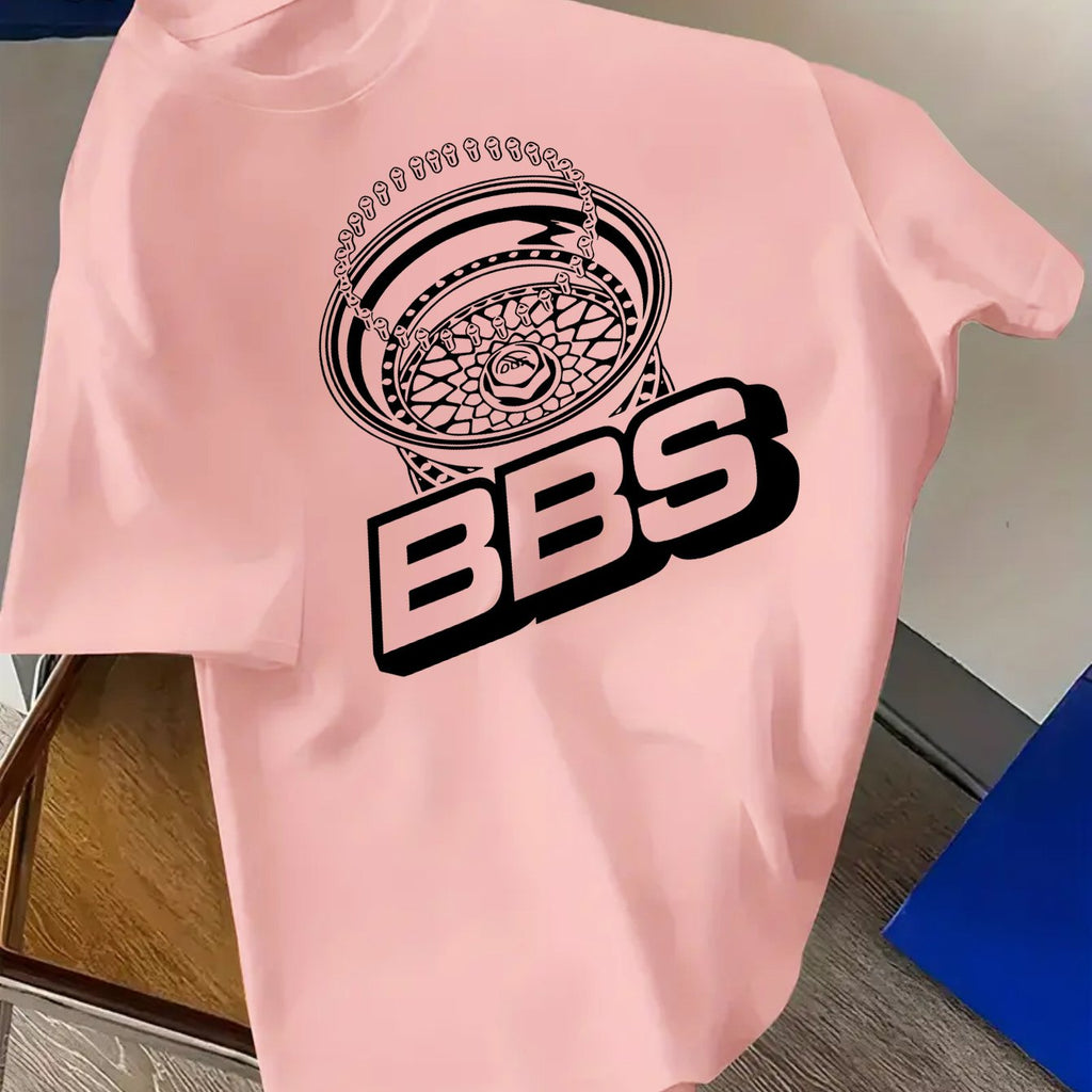 Men's Turquoise Blue BBS Graphic T-Shirt with White Lettering & Car Wheel Design - Breathable 4-Season Casual Round Neck Short Sleeve, Comfort Fit for Automotive Enthusiasts, Casual Attire & Car Shows - Machine Washable BBS B