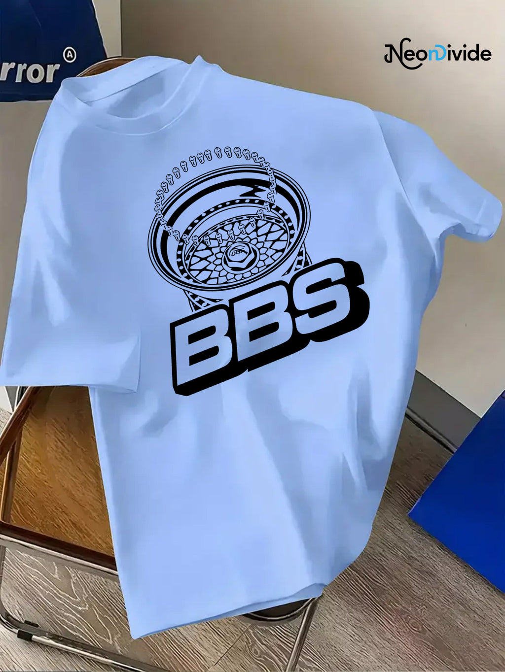 Men's Turquoise Blue BBS Graphic T-Shirt with White Lettering & Car Wheel Design - Breathable 4-Season Casual Round Neck Short Sleeve, Comfort Fit for Automotive Enthusiasts, Casual Attire & Car Shows - Machine Washable BBS B
