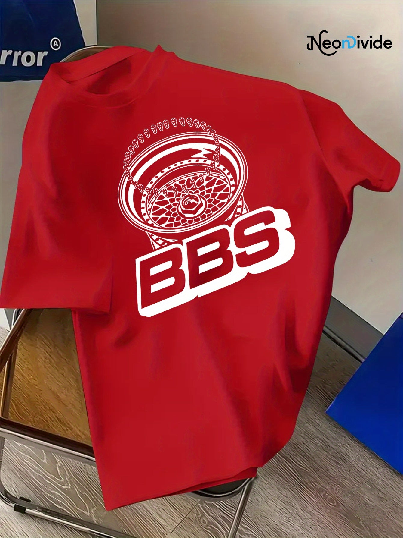 Men's Turquoise Blue BBS Graphic T-Shirt with White Lettering & Car Wheel Design - Breathable 4-Season Casual Round Neck Short Sleeve, Comfort Fit for Automotive Enthusiasts, Casual Attire & Car Shows - Machine Washable BBS B