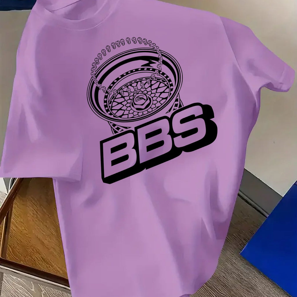 Men's Turquoise Blue BBS Graphic T-Shirt with White Lettering & Car Wheel Design - Breathable 4-Season Casual Round Neck Short Sleeve, Comfort Fit for Automotive Enthusiasts, Casual Attire & Car Shows - Machine Washable BBS B