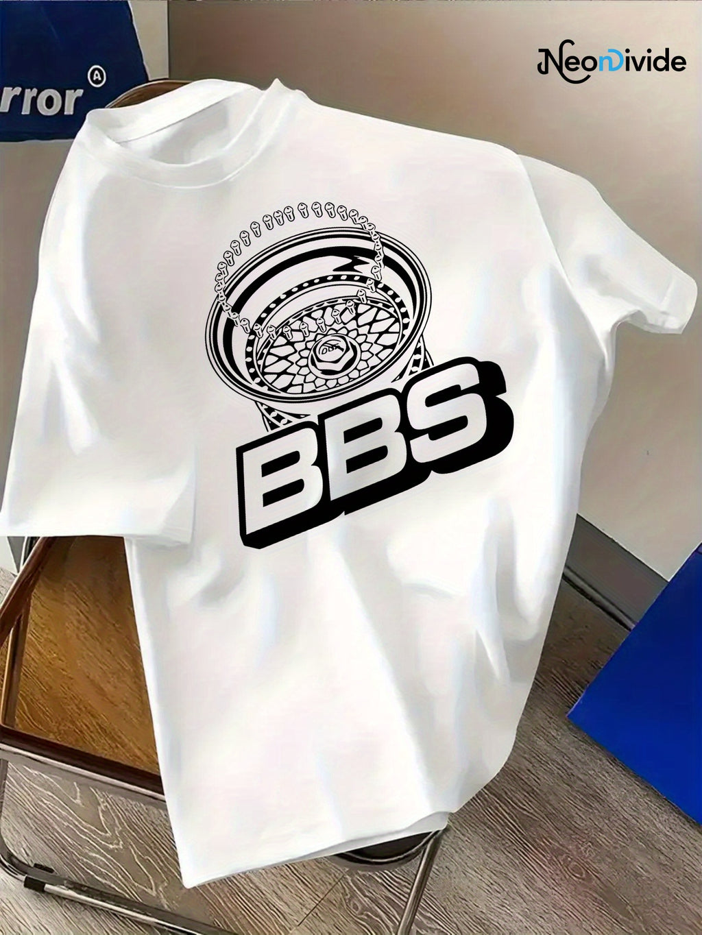 Men's Turquoise Blue BBS Graphic T-Shirt with White Lettering & Car Wheel Design - Breathable 4-Season Casual Round Neck Short Sleeve, Comfort Fit for Automotive Enthusiasts, Casual Attire & Car Shows - Machine Washable BBS B