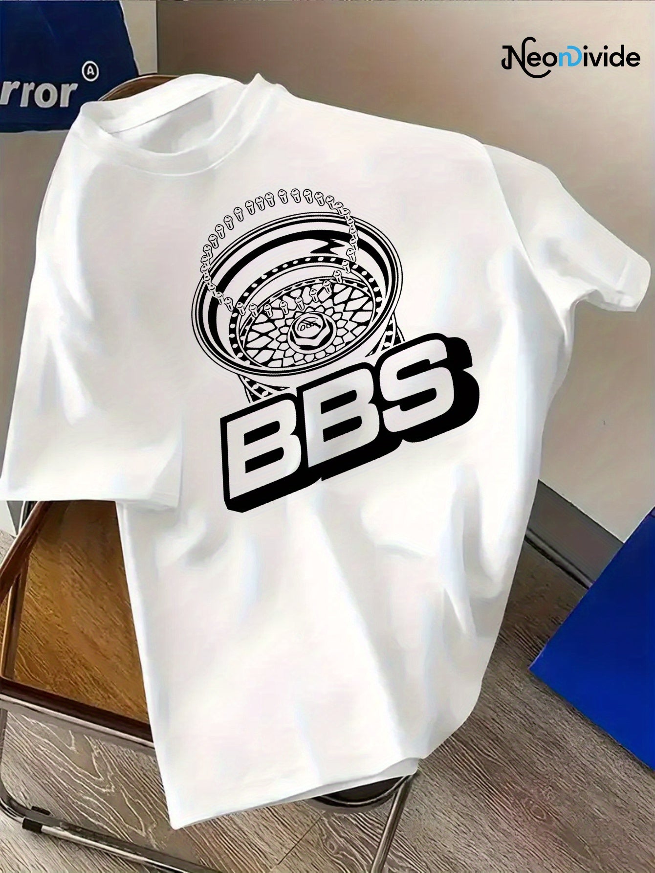 Men's Turquoise Blue BBS Graphic T-Shirt with White Lettering & Car Wheel Design - Breathable 4-Season Casual Round Neck Short Sleeve, Comfort Fit for Automotive Enthusiasts, Casual Attire & Car Shows - Machine Washable BBS B