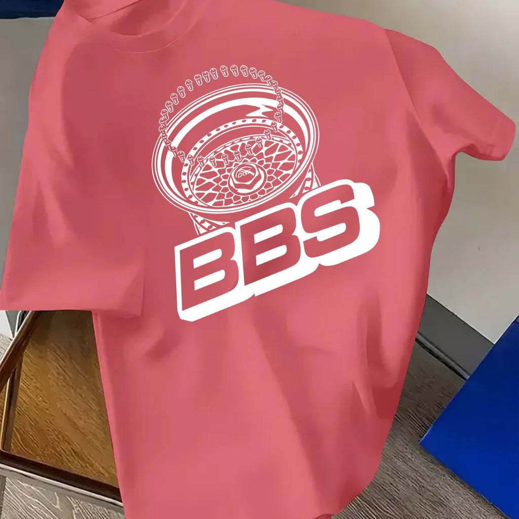 Men's Turquoise Blue BBS Graphic T-Shirt with White Lettering & Car Wheel Design - Breathable 4-Season Casual Round Neck Short Sleeve, Comfort Fit for Automotive Enthusiasts, Casual Attire & Car Shows - Machine Washable BBS B