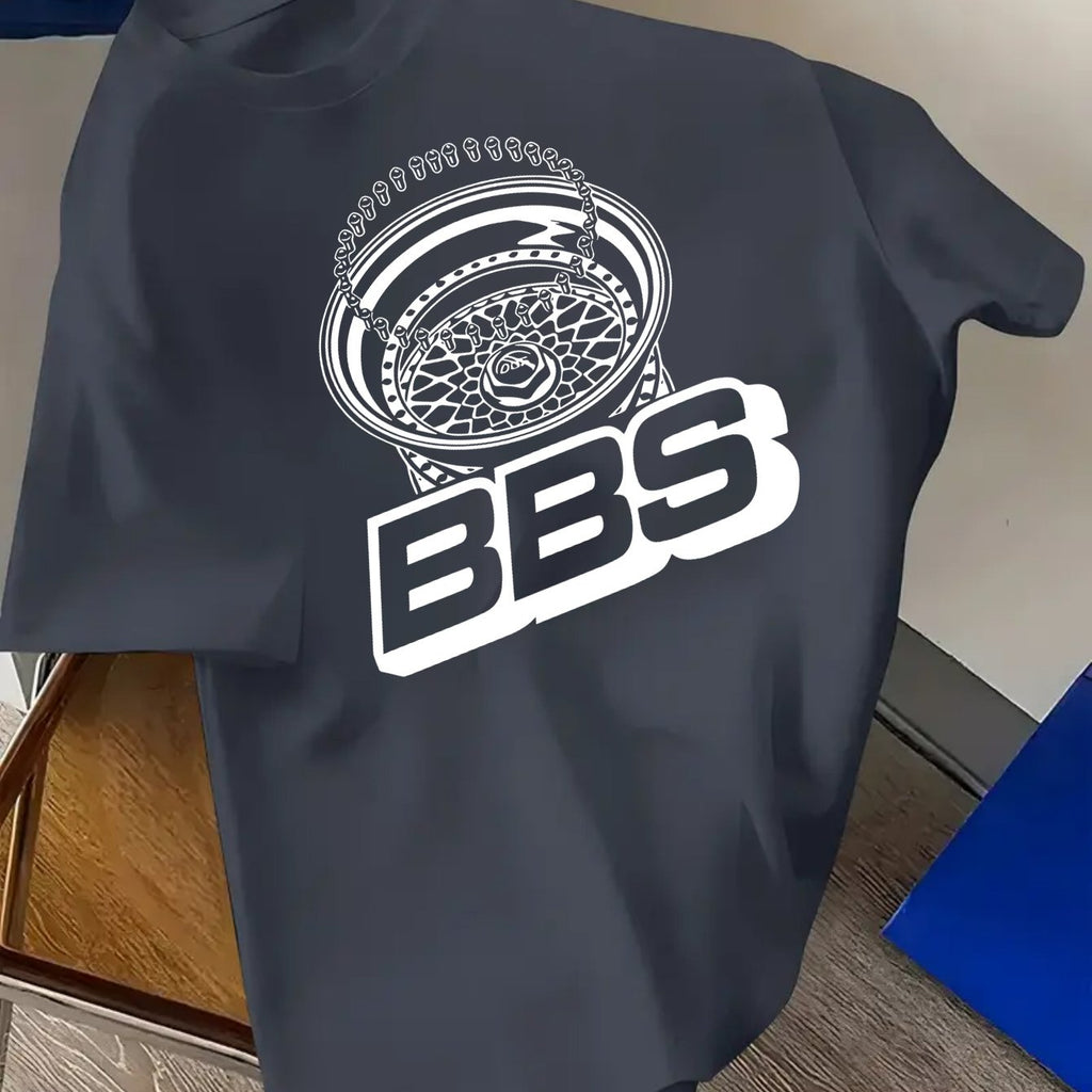 Men's Turquoise Blue BBS Graphic T-Shirt with White Lettering & Car Wheel Design - Breathable 4-Season Casual Round Neck Short Sleeve, Comfort Fit for Automotive Enthusiasts, Casual Attire & Car Shows - Machine Washable BBS B