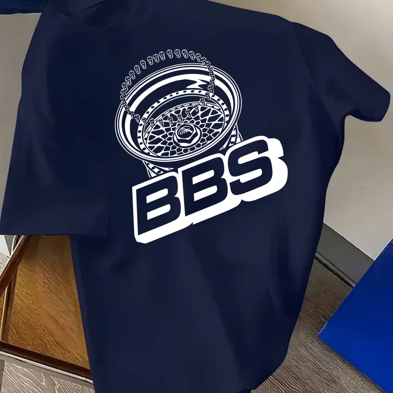Men's Turquoise Blue BBS Graphic T-Shirt with White Lettering & Car Wheel Design - Breathable 4-Season Casual Round Neck Short Sleeve, Comfort Fit for Automotive Enthusiasts, Casual Attire & Car Shows - Machine Washable BBS B
