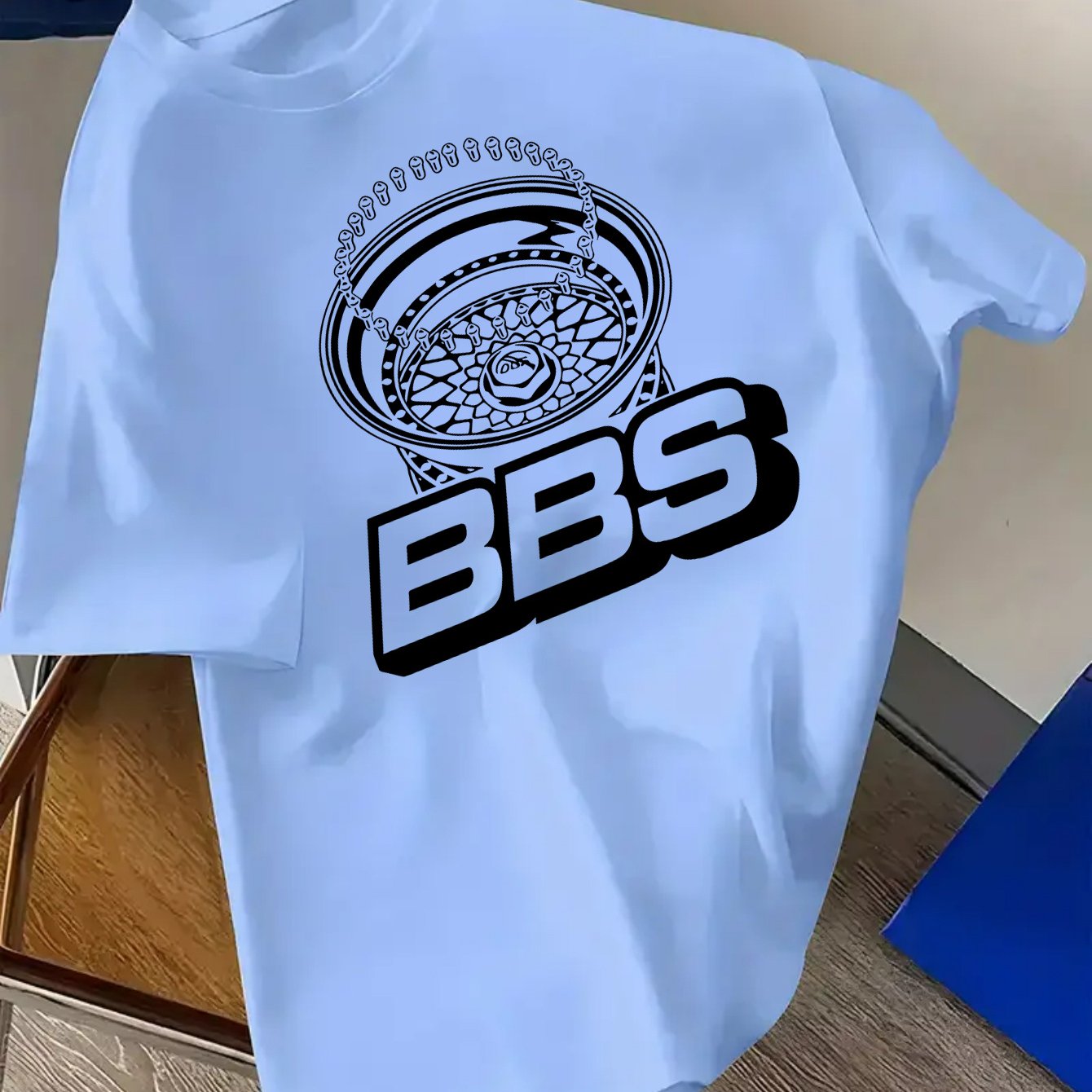 Men's Turquoise Blue BBS Graphic T-Shirt with White Lettering & Car Wheel Design - Breathable 4-Season Casual Round Neck Short Sleeve, Comfort Fit for Automotive Enthusiasts, Casual Attire & Car Shows - Machine Washable BBS B