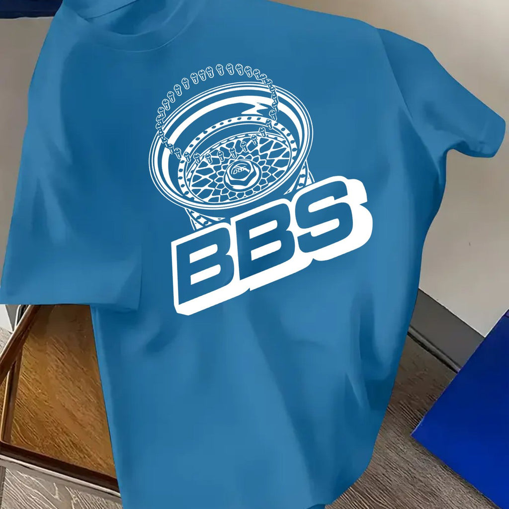 Men's Turquoise Blue BBS Graphic T-Shirt with White Lettering & Car Wheel Design - Breathable 4-Season Casual Round Neck Short Sleeve, Comfort Fit for Automotive Enthusiasts, Casual Attire & Car Shows - Machine Washable BBS B